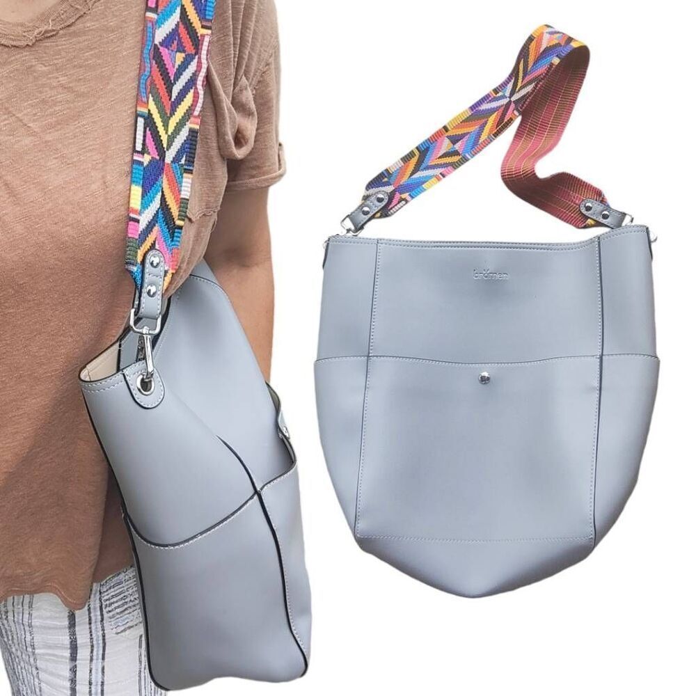 Bromen Vegan Leather Boho Chic Crossbody Bucket Bag blue multicolor strap Purse